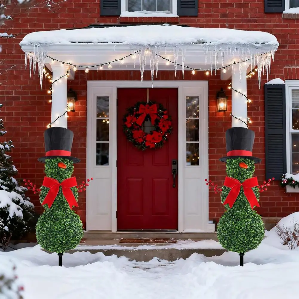 31" Artificial Snowman Shaped Topiary Tree Christmas Red Bow Santa Hat Faux Boxwood For Home Front Porch Winter Garden Decor