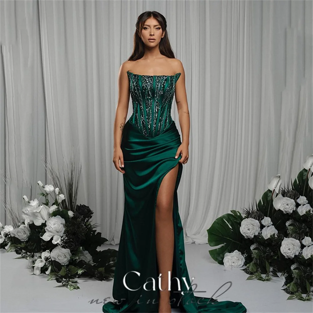 

Cathy Sexy Strapless Mermaid Prom Dress 2023 Side High Split Trumpet Vestidos De Noche Sleeveless Satin فساتين مناسبة رسمية