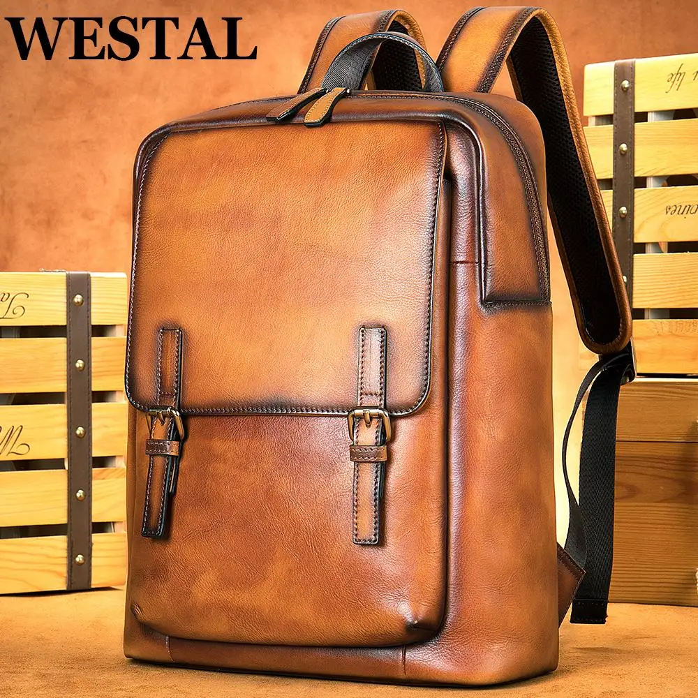 

WESTAL Leather Brown Men's Backpack 14 Inch Laptop Bag Fashion Casual Schoolbag Daypack Rucksack Travel Bag Sports 2247