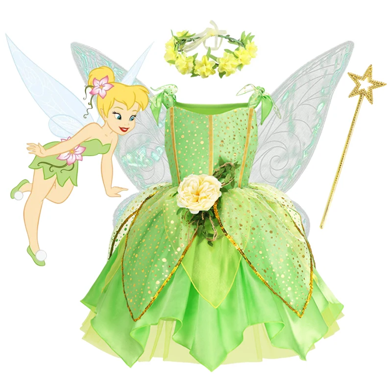 thumbnail image 2 of Disfraz de Disney Tinker Bell para niñas, disfraz de Hada Verde, vestido de princesa de fantasía, fiesta de cumpleaños, Halloween, Carnaval, ropa, 2 of 5
