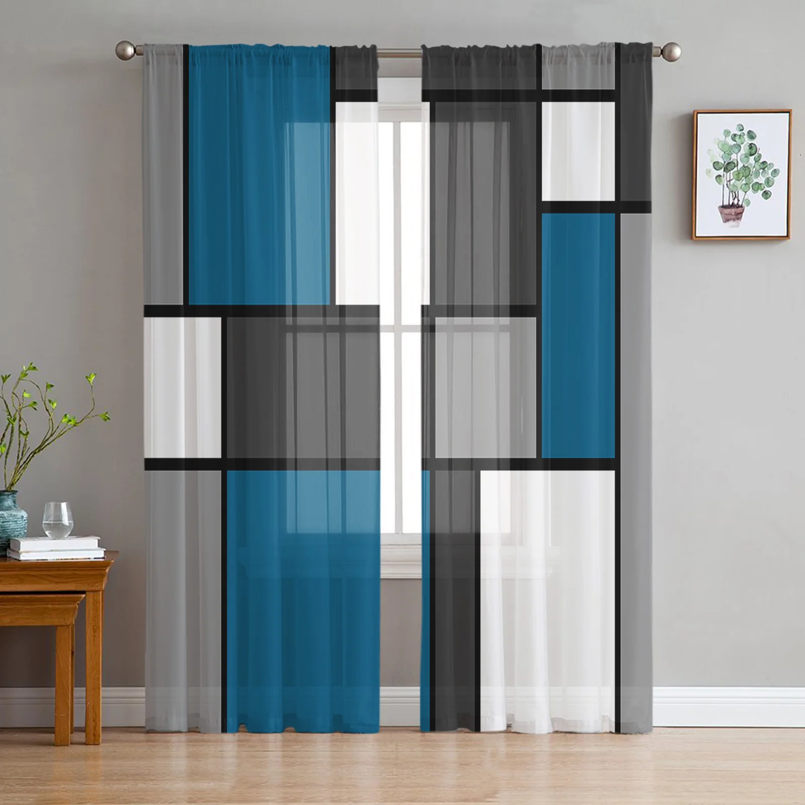 

Geometry Blue Abstract Tulle Voile Curtains For Bedroom Window Curtain For Living Room Sheer Curtains Blinds Organza Drapes