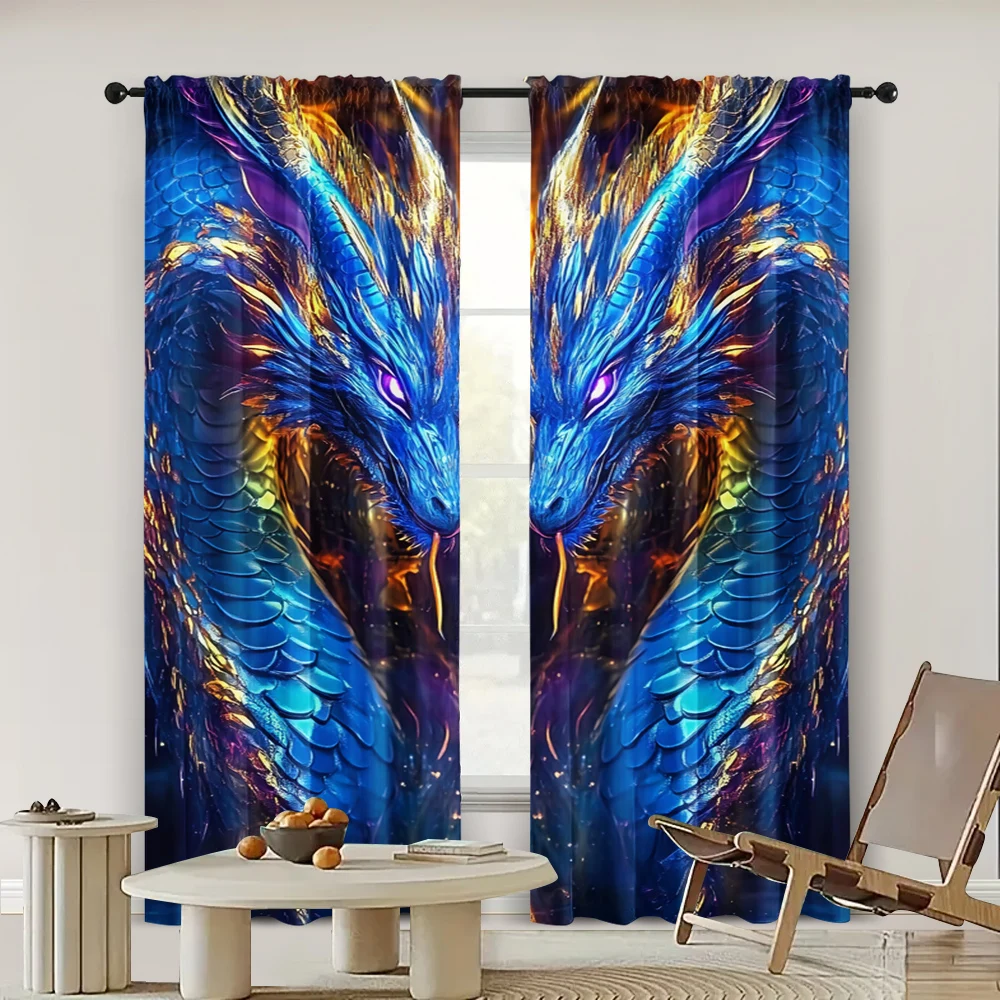 2pc, Scene Curtain Fashion dragon totem print Durable Polyester,Without Electricity Family Party Use for Holiday Parties, Home 2