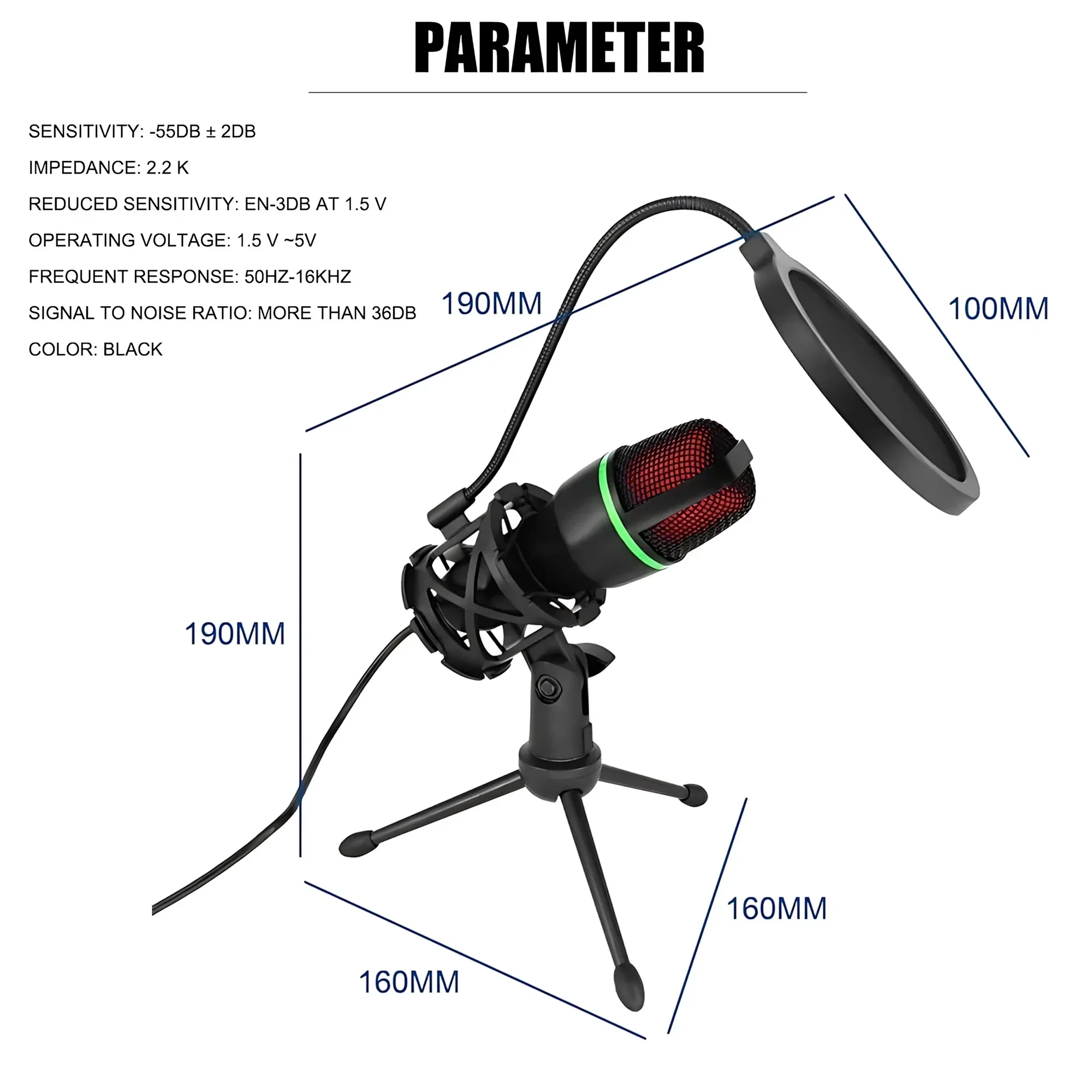 RGB Lighting Microphone Kit with Tripod Stand Professional Condenser Mic for Streaming YouTube Podcasts and Recording