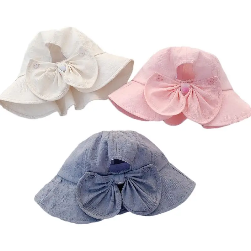 

Baby Girls Bucket Hat Wide Brim Big Bow Princess Sun Cap Summer Beach Fisherman Hat with Windproof Rope Kids Accessories 1-3Y