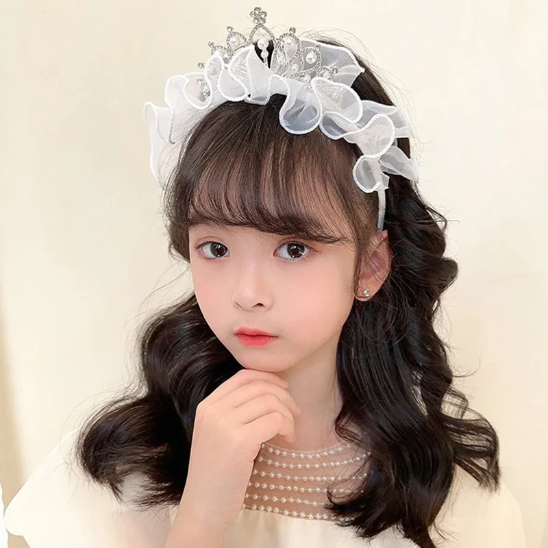 Baby Rhinestone Lace Princess Hair Band for Kids Girls Cute Crown Pearl Hair Hoop Birthday Party Children Christmas Accessories