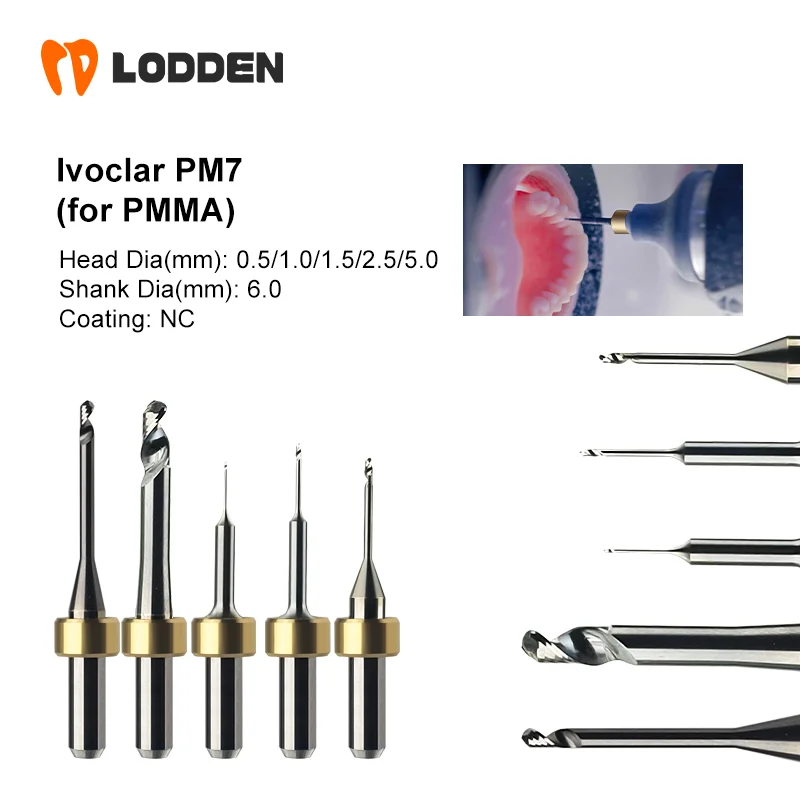 

Ivoclar PM7 Dental Milling Burs for Grinding PMMA NC Coating D6 Drill Diameter 5.0 2.5 1.5 1.0 0.5mm Dental Lab Griding Tools