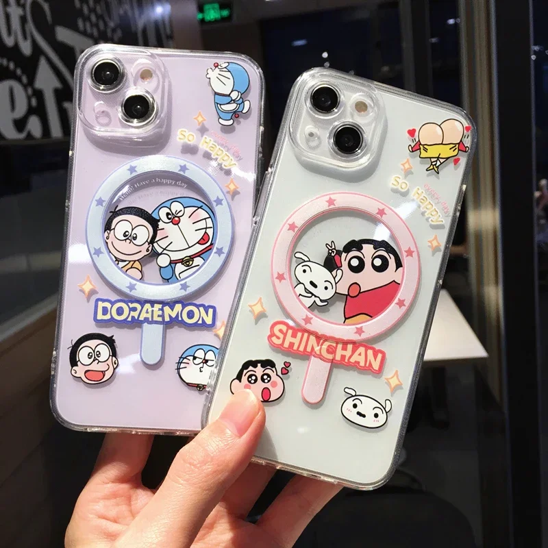 

Magnetic Cartoon Crayons Shin-chans Doraemon Phone Cases For iPhone 15 14 13 12 11 Pro XR SE 2023 Transparent Cover New Product