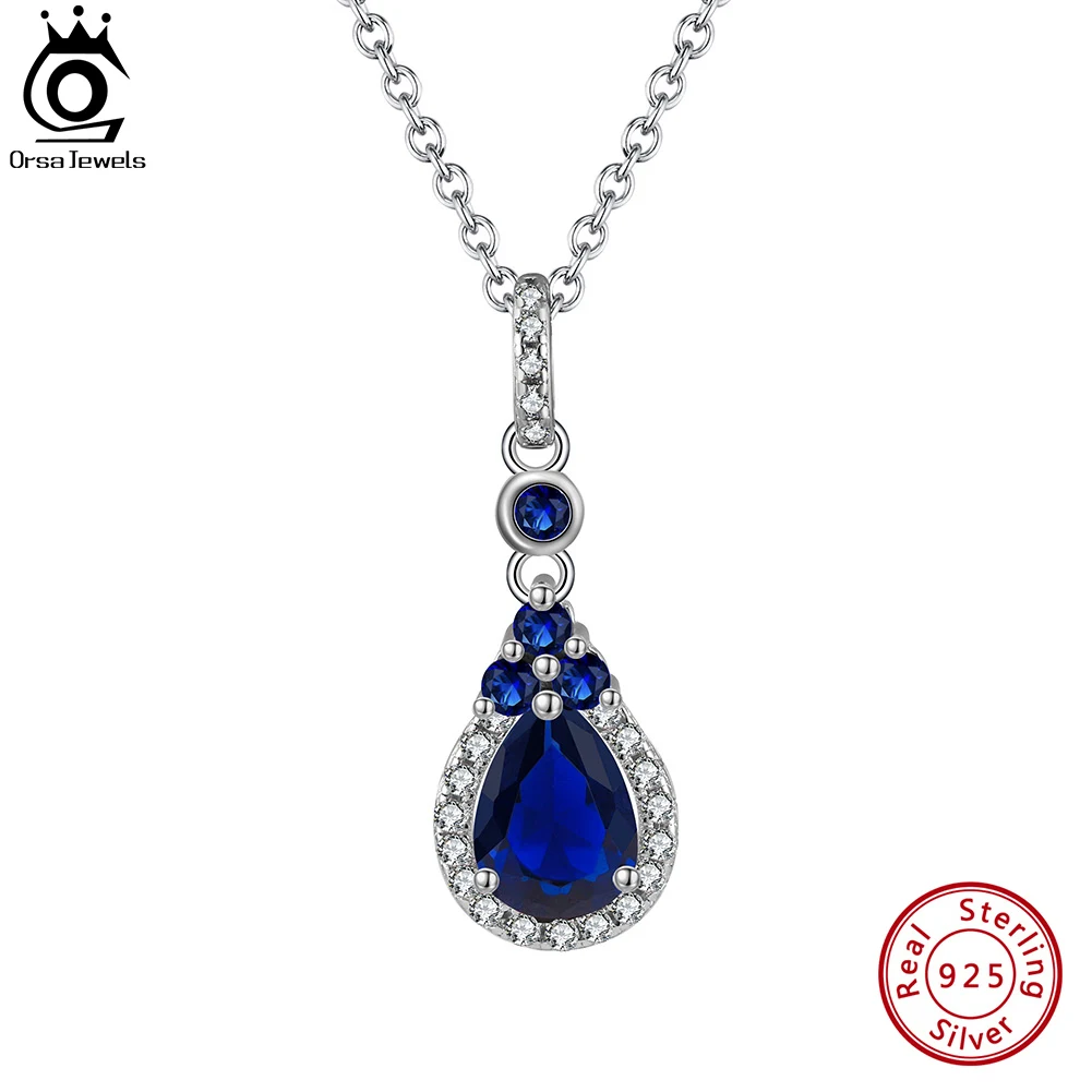 

ORSA JEWELS Shiny 925 Sterling Silver Created Sapphire Pendant Necklace for Women 5A Cubic Zirconia Necklace Party Jewelry LZN10