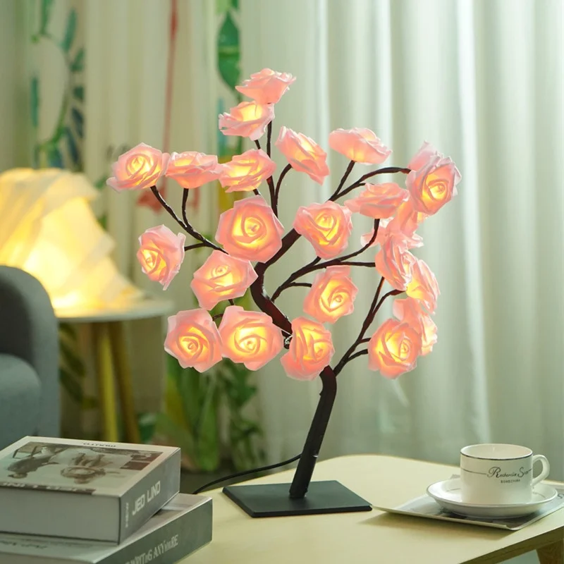 

Iliving Nordic Ins Style LED Simulation Rose Tree Light Valentine'S Day Dining Table Night Light Bedroom Table Lamp With Switch