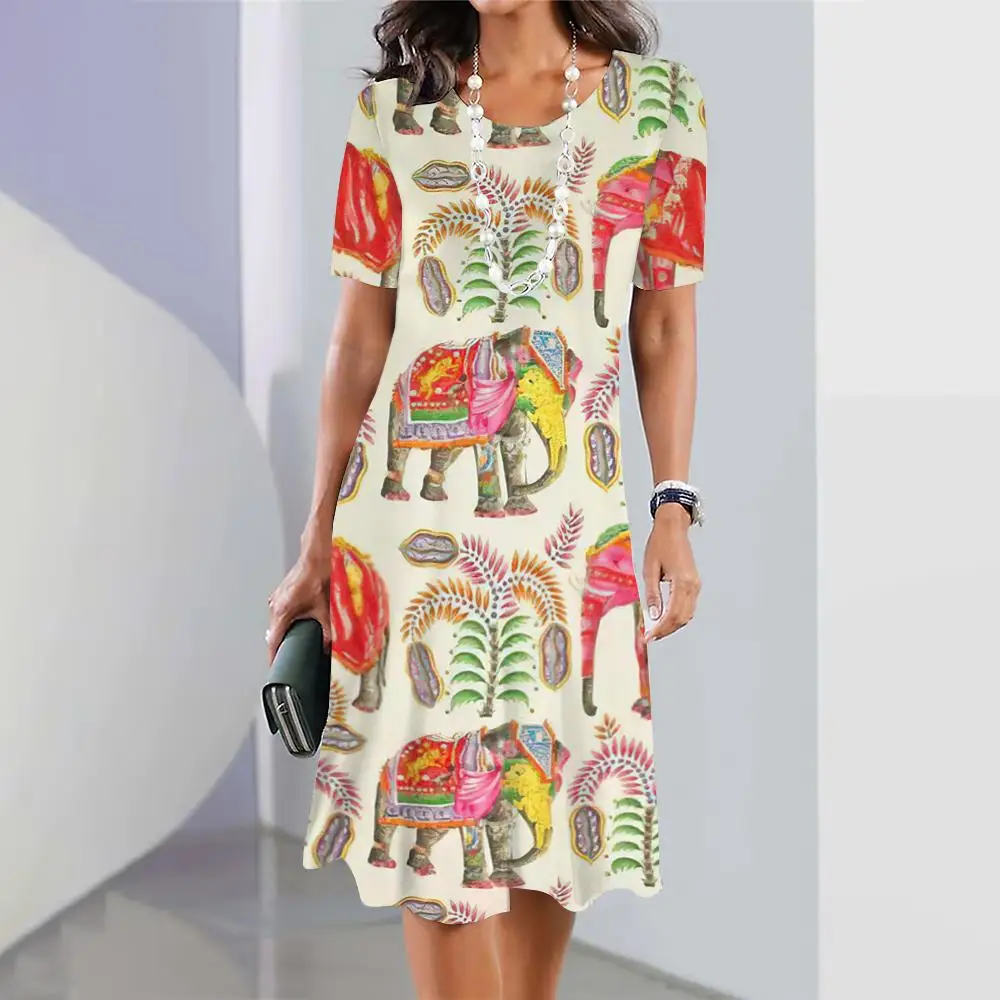 

Платье женское средней длины с принтом слона, элегантное модное платье с коротким рукавом, Одежда большого размера, лето 2024