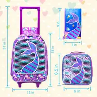 3PCS Rolling Backpack for Girls Kids Roller Wheels Bookbag with Lunch Bag Pink Fishtail Glow-in-the-dark Function 3