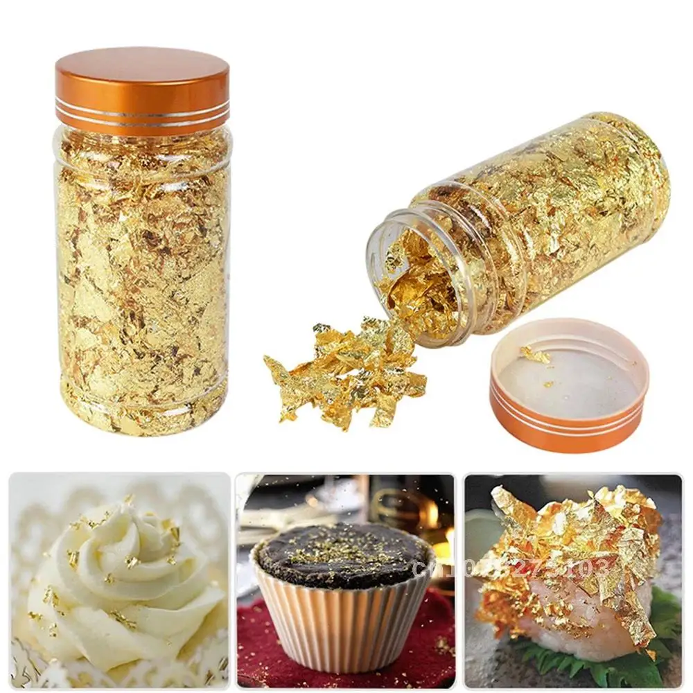 

Food Grade Shiny Gold Foil Schabin Flakes 2g - Decorative Cake Dessert Kitchen Supplies in 24K Gold, Silver, and Rose Gold Leaf