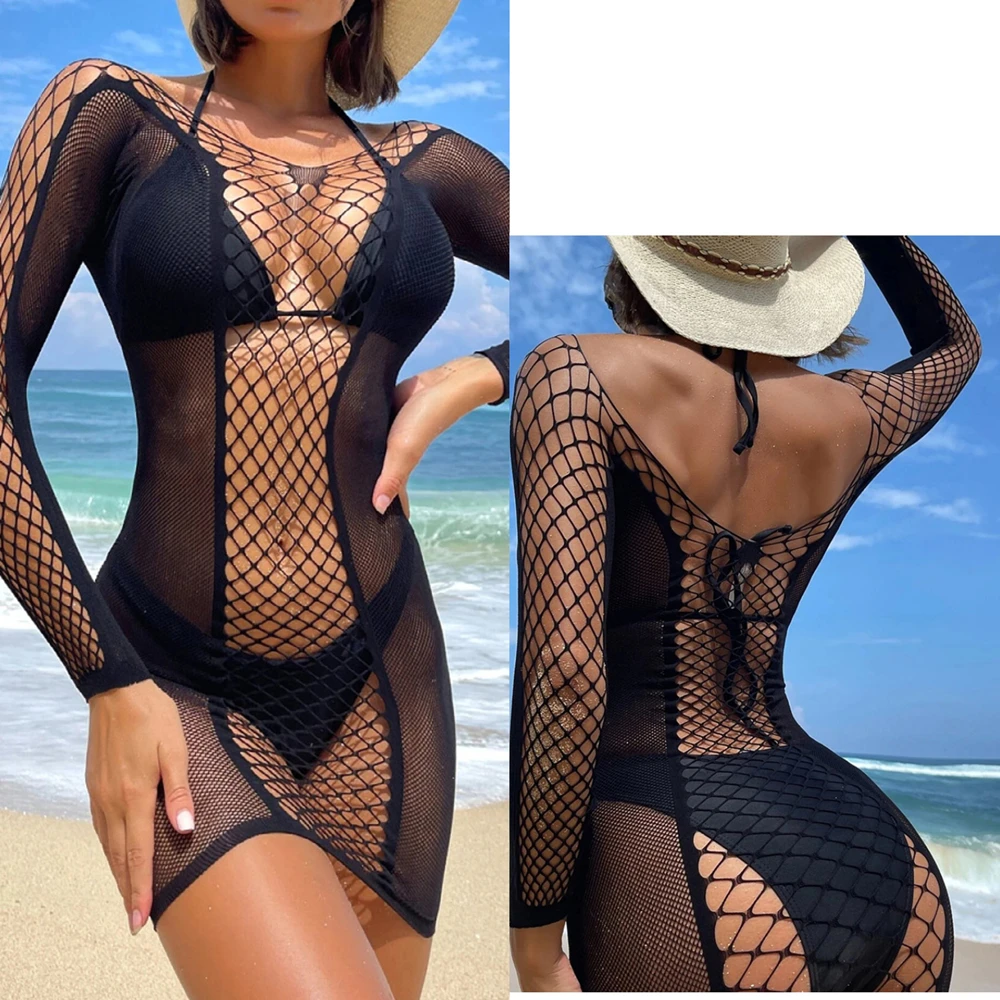 Women Summer 2PCS Beachwear Bikini Cover-Ups Sexy Long Sleeve Knitted Hollow Crop Tops + Split Long Skirt Crocheted Set