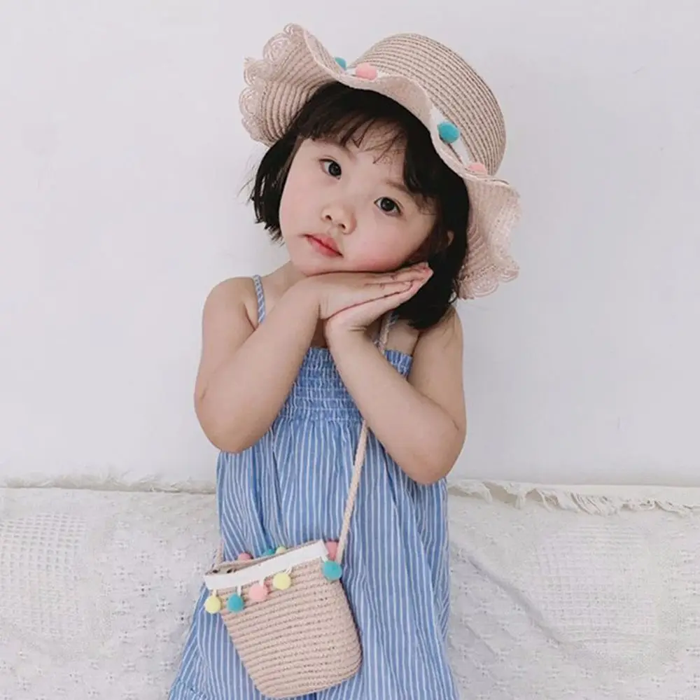 Fashion Large Sun Protection Pompom Ball Colorful Floppy Beach Hat Handbag Bucket Cap Straw Woven
