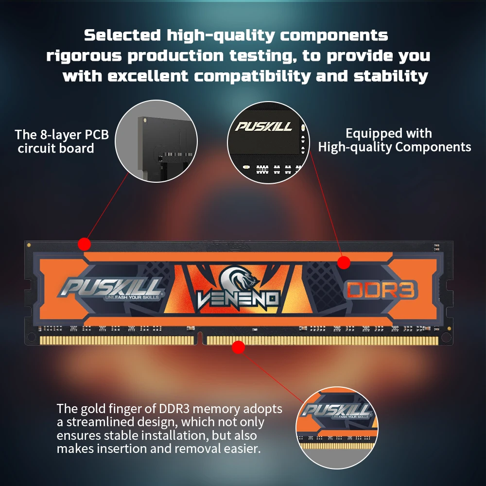 PUSKILL Veneno DDR3 Desktop RAM Memory 8GB 4GB 1.5V 1600MHz 1333MHz 240-PIN DIMM