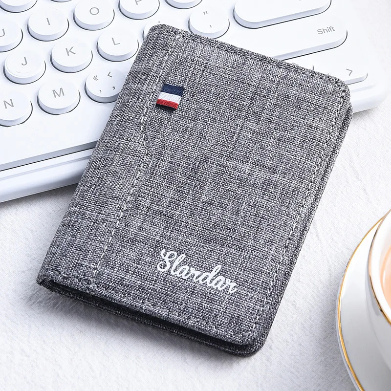 Men's ultra-thin canvas card clip casual large card bag short youth multi card slot casual leather wallet
