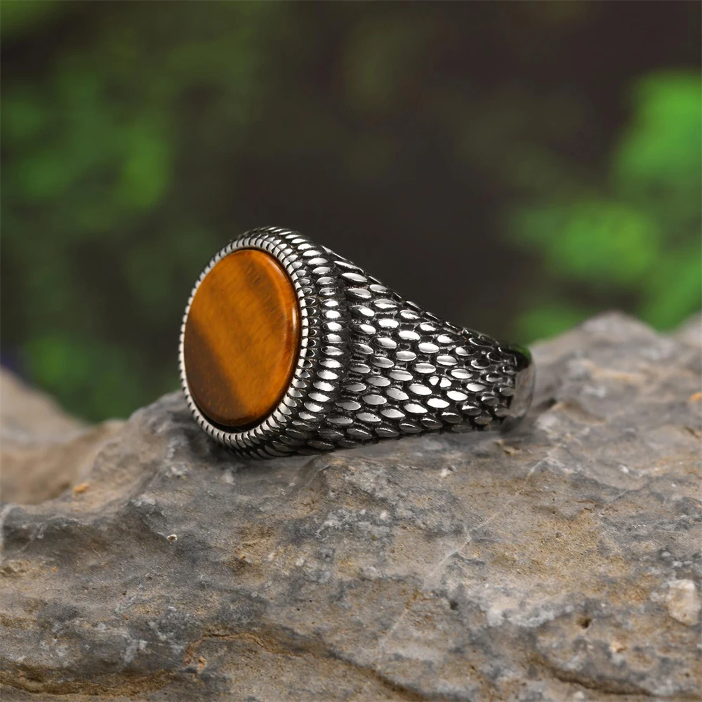 Men's Punk Dragon Scale Signet Ring Stainless Steel Vintage Jewelry with Tiger Eye Stone & Turquoise Gothic Gifts for Boyfriend