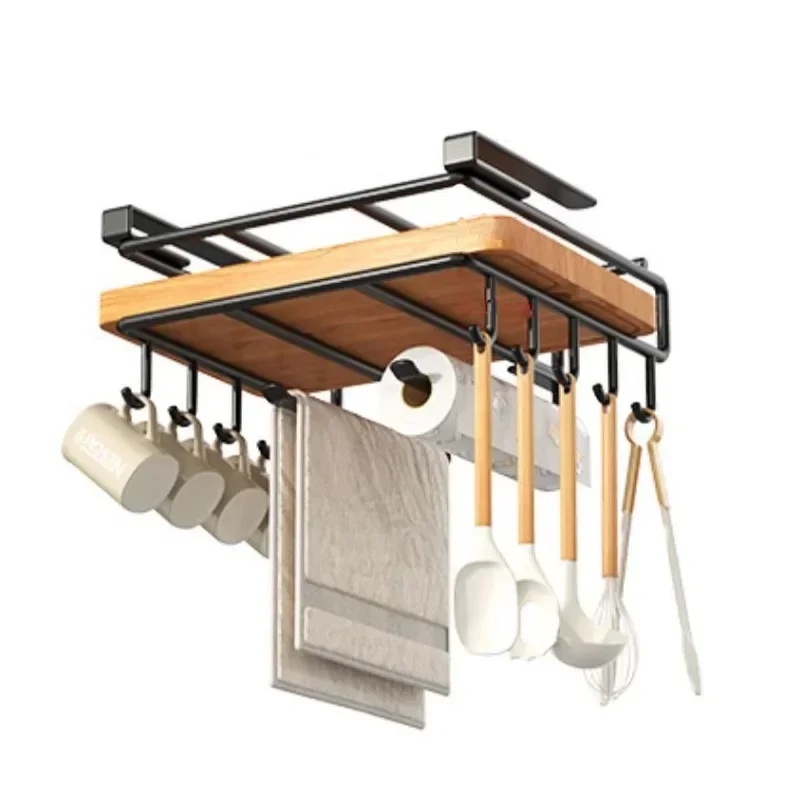 Kitchen Hanging Organizer Rack with Hooks Under Cupboard Paper Towel Rags Hanger Cutting Board Pot Cover Holder Storage Shelf 6