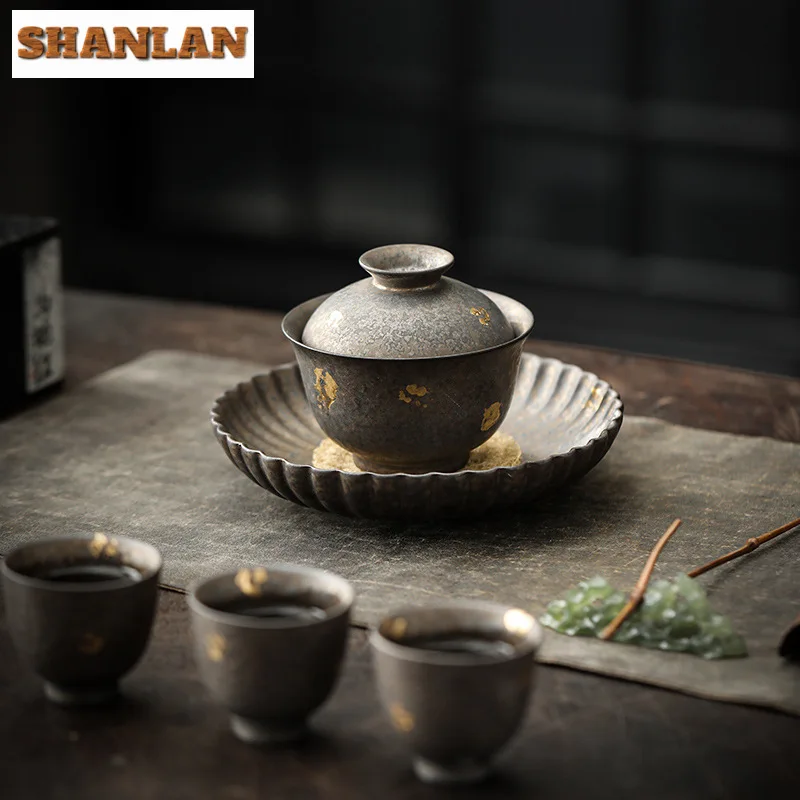 Handmade Rust Glazed Coarse Pottery Gaiwan Japanese Sprinkle Gold Tea Lid Set Tea Tureen Maker Cover Bowl Ceremony Gifts