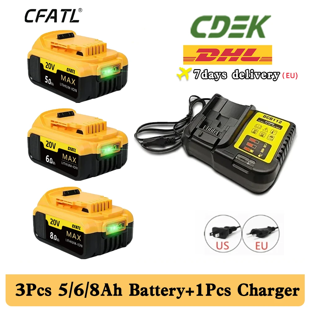 

Сменная литиевая батарея 20 в 8 Ач для электроинструмента DeWalt DCB184 DCB181 DCB182 DCB200 20 в 6A 8A 12A 18 в 20 в, литиевые батареи