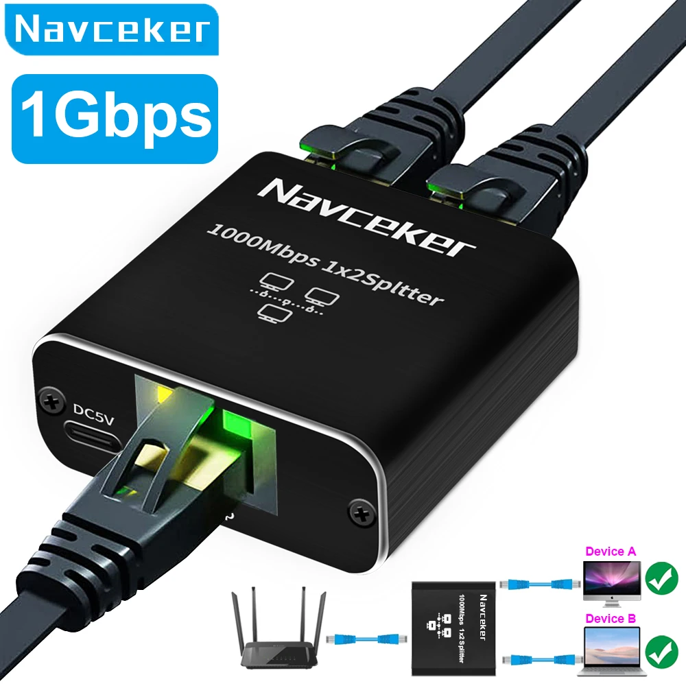 Navceker 1 Gb RJ45 Splitter Connector Adapter 1 to 2 Ways Lan Ethernet Splitter Gigabit Coupler  Connect Laptop Network Cable