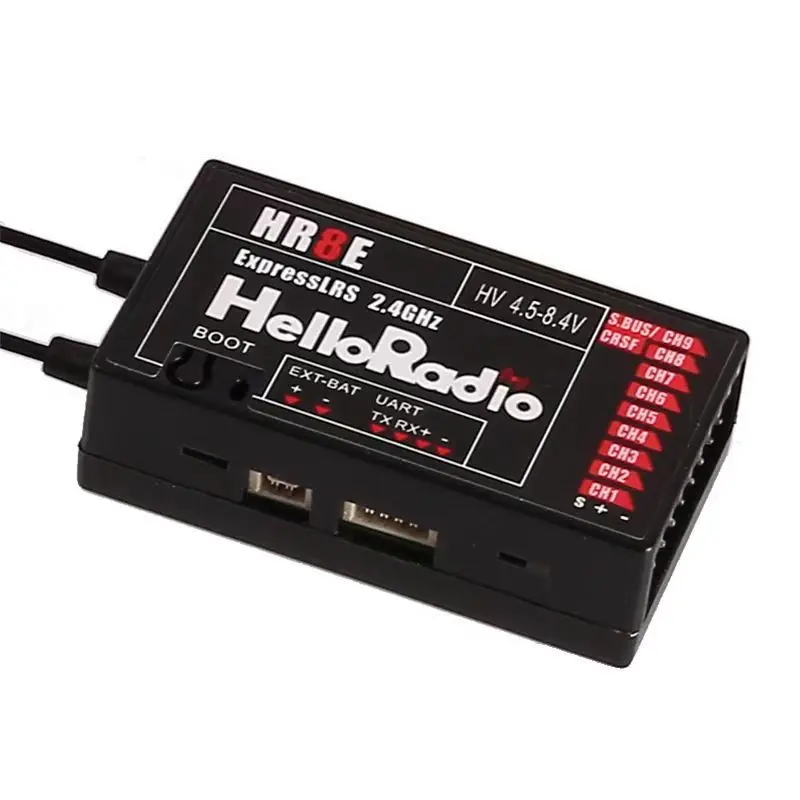 Récepteur HelloRadio HR8E ELRS 2.4G PWM 9CH avec câbles de servo branchés, prêt pour installation