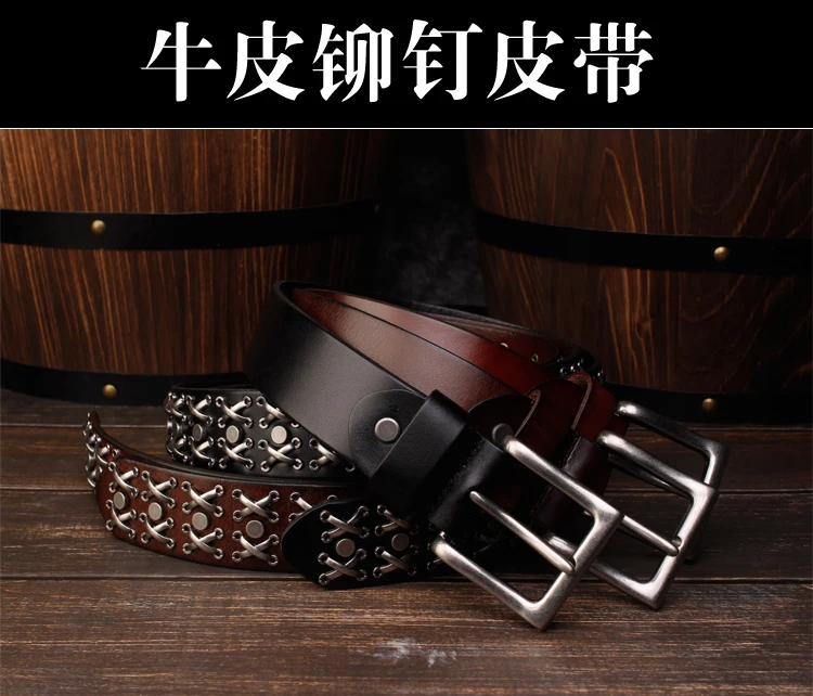3.8CM High Quality Genuine Leather Rivet Belts for Men Brand Strap Male Pin Buckle Fancy Vintage Cowboy Jeans Belt Cool Punk