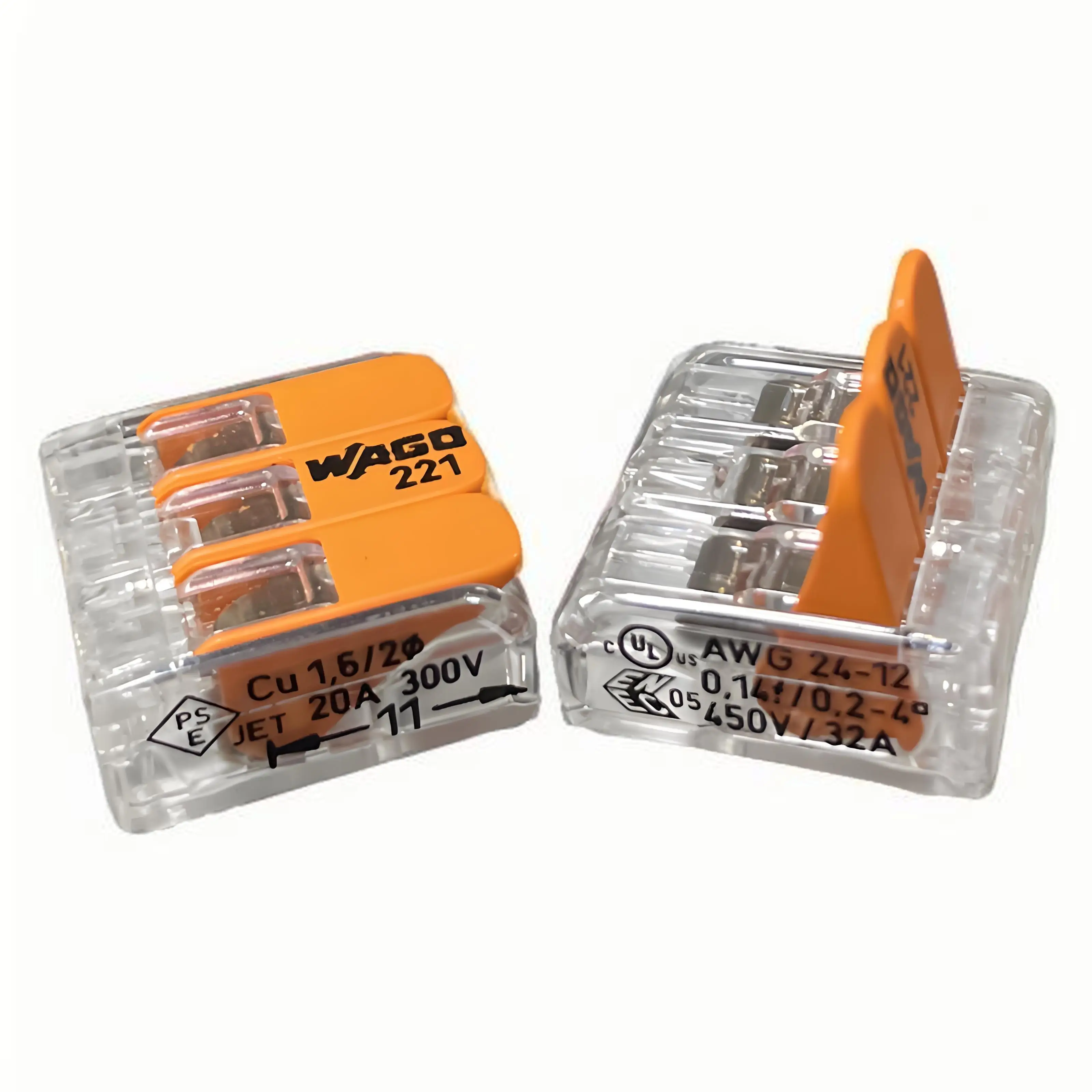 50PCS WAGO box 221-413 3-hole 450V 32A 4MM&sup2; quick terminal lever Compact wire connector Transparent orange wire connectors,terminal connector,electrical connectors plug,terminal block,soldering terminal