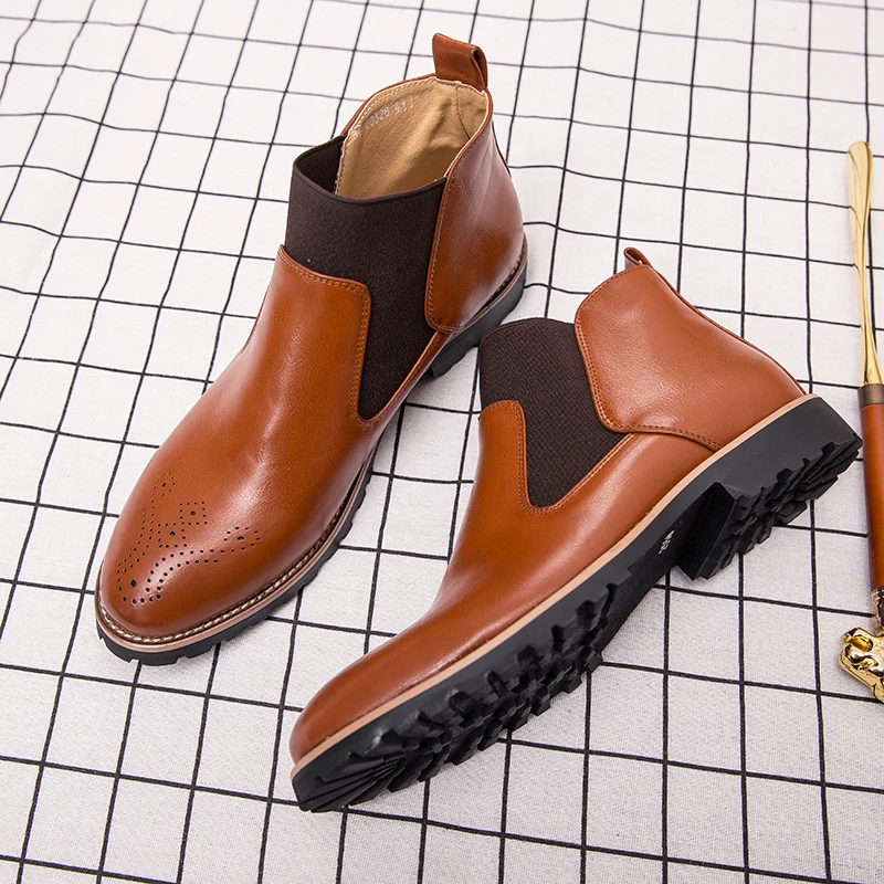 Men's Chelsea Boots Anti Slip Waterproof Ankle Spring and Autumn Brocue Fashion Microfiber Leather Shoes Large 46 Zapatos Hombre men chelsea boots