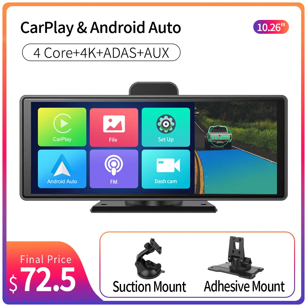 10264KCarDVRWirelessCarPlayAndroidAutoDashboardADASWiFiAUX
