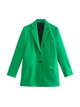  KONDALA 2022 Chic Green Oversized Long Women Blazer V Neck Pockets Office Lady Fashion Jackets Female Elegant Women Blazer 