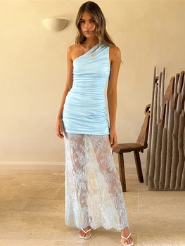 Blifanbo Inclined Shoulder Lace Sexy Maxi Dress Women Elegant Patchwork Bodycon See Through Sleeveless Club Party Long Dress 1