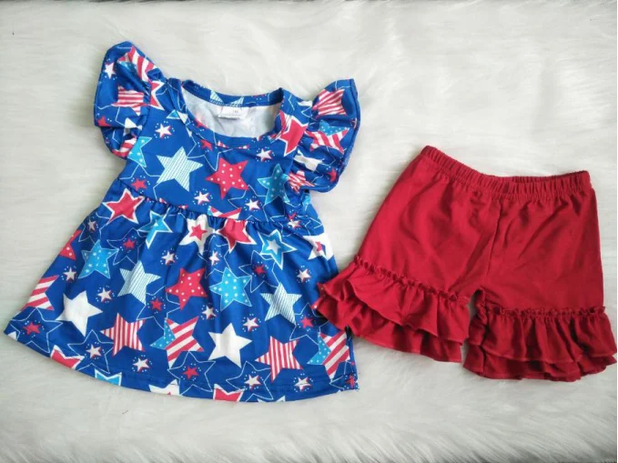 winter baby suit July 4th flag girls clothes summer short sleeve suit blue ruffle shorts 2 pc sets baby suit