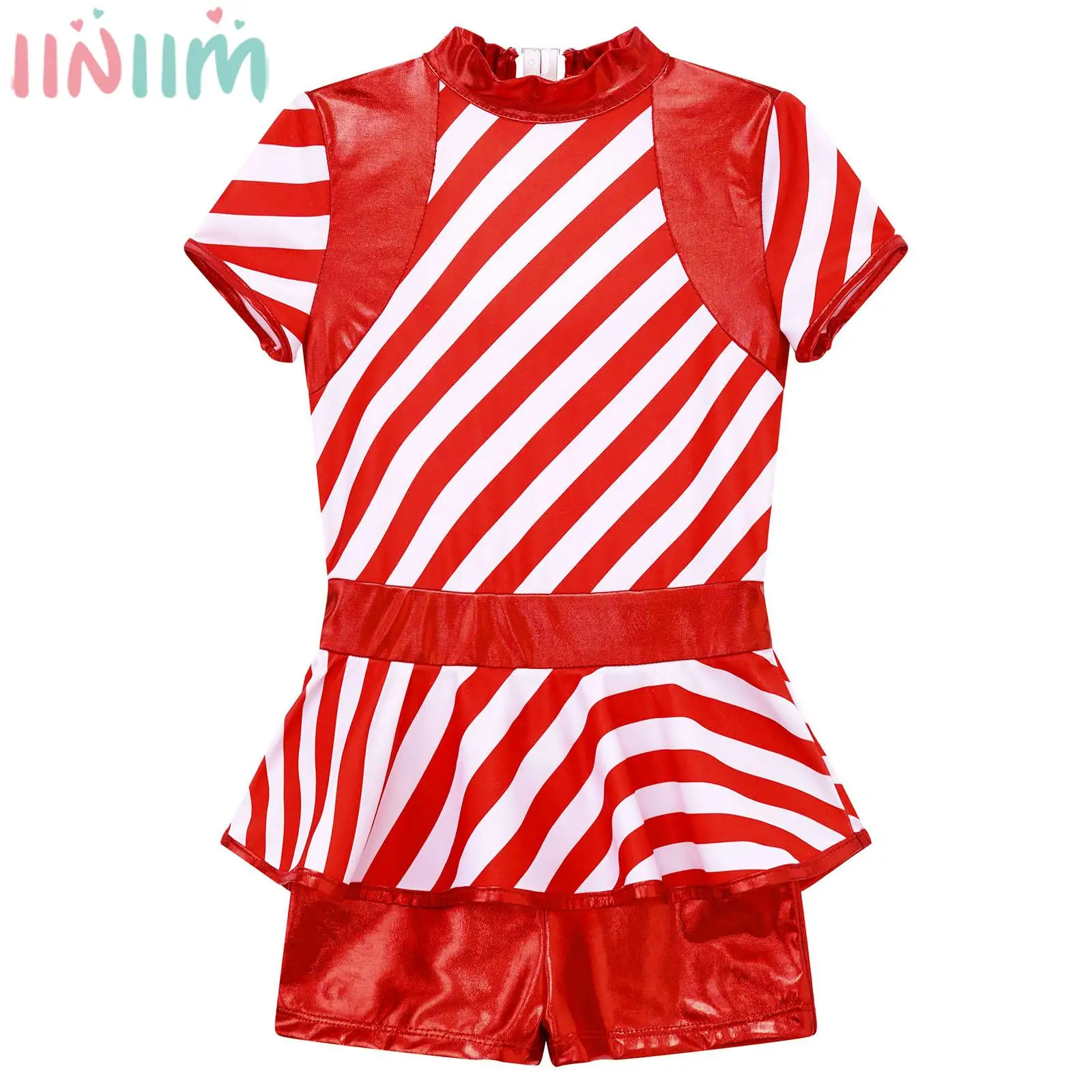 

Kids Girls Short Sleeve Striped Bodysuit Tutu Christmas Xmas Stage Performance Jumpsuit Halloween Theme Party Dress Up Leotards
