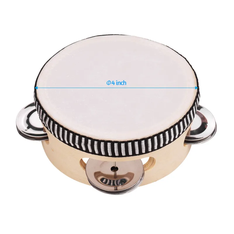 4 Inch Wooden Hand Tambourine with Metal Single Row Jingles Entertainment Musical Timbrel for Adults Kids Dancine Singing Party