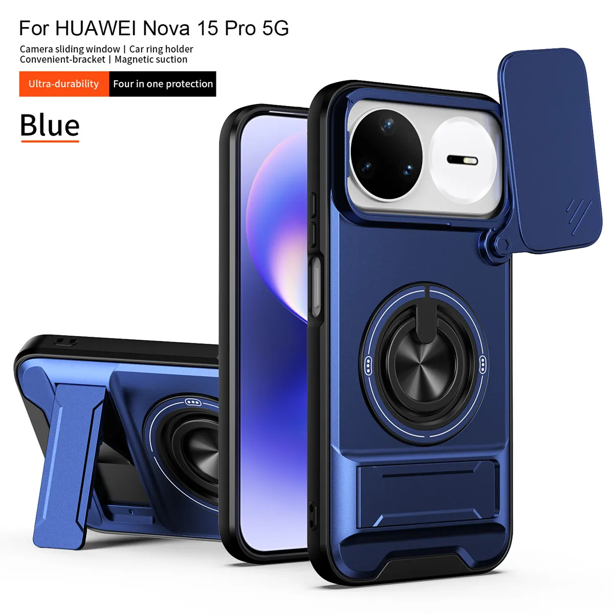 Enhanced Armor Case with Car Magnetic Holder, Ring Stand & Slide Lens Protector - Durable Back Cover