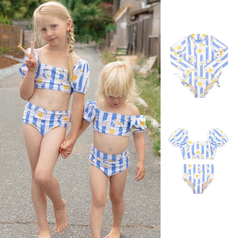 2022 Summer Swimming Suits Daisy Pattern Swimwear Brand Design Toddler Bath Fashion Hawaii Clothes Beach Sets |