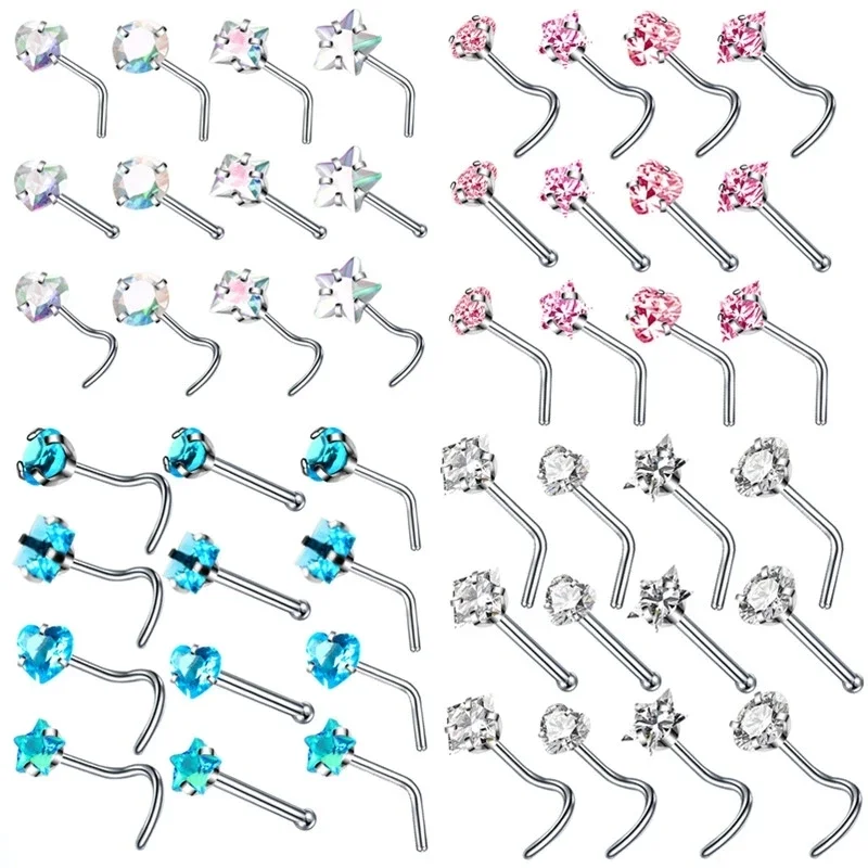 

3-12pcs/lot Stainless Steel Nose Stud Set Round Heart Star CZ Crystal Nose Piercings 3MM L Shape Nostril Piercing Jewelry 20g