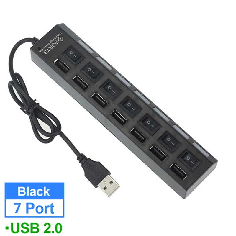 

USB Hub Extender Splitter Adapter with Switch 7 Port USB 2.0 Socket Expander for Computer Laptop Desktop Mouse Keyboard U Disk