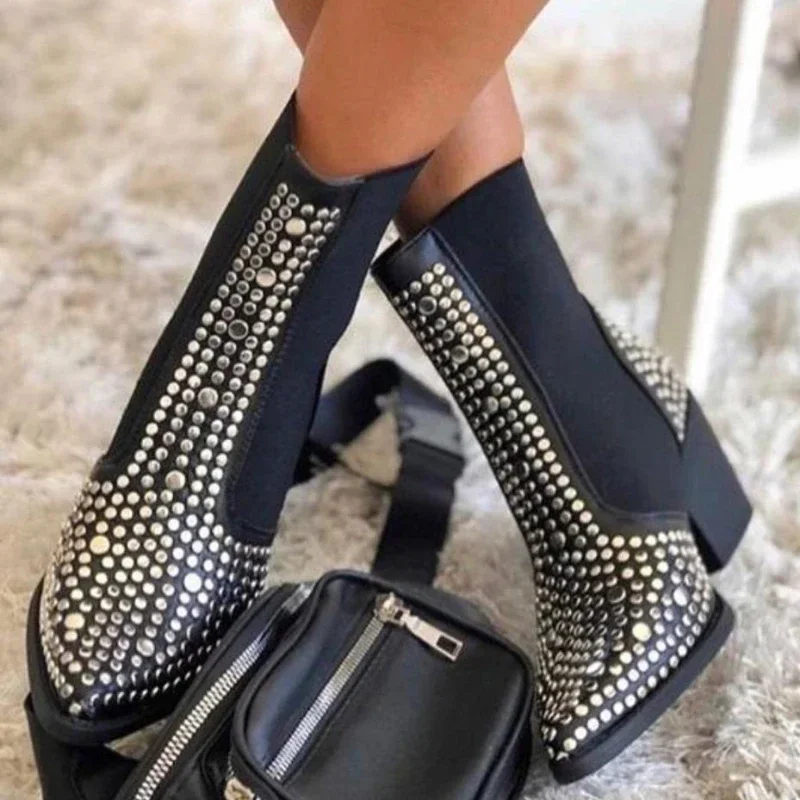 

Sexy Autumn Luxury Designer Boots 2023 Fashion Rivets Square Heels Ankle Boots Punk Comfortable Party Shoes Women Botines Mujer