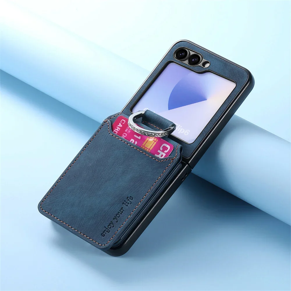 Vintage Leather Flip Phone Case with Ring Bracket and Card Holder Wallet