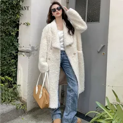 2023 Winter Large Lapel Shaggy Faux Curly Sheep Fur Coat CHIC Full Sleeve Loose Warm Long Jacket x-long Coat White Apricot