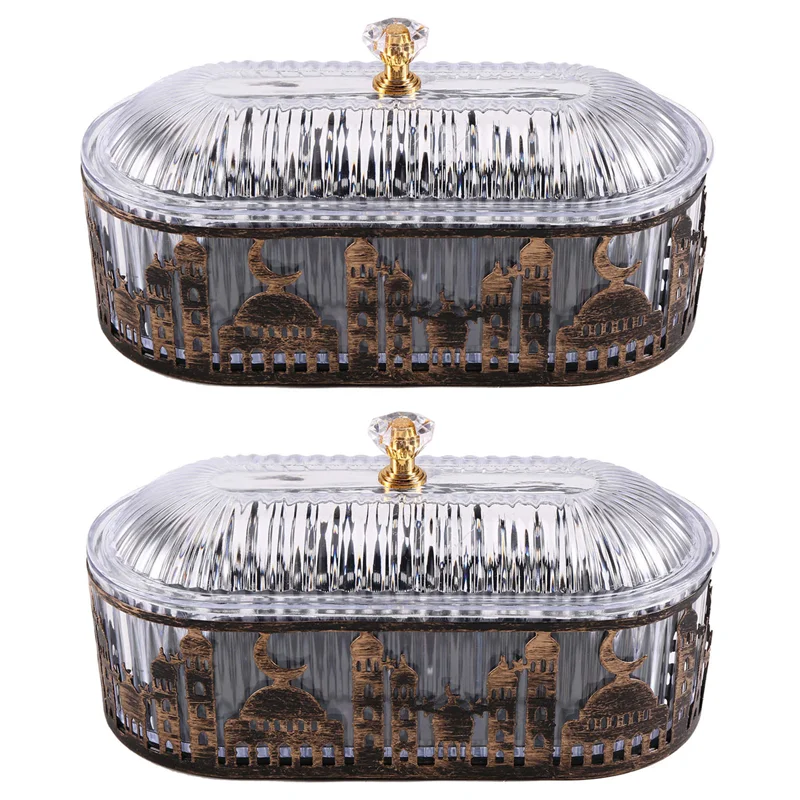 2 Pcs Ramadan Festival Candy Snack Storage Box Eid Candy Snack Jar Ramadan Food Storage Table Decorations As Shown
