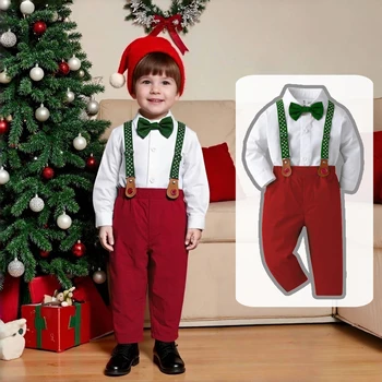 Christmas Baby Boy 1 2 3 4 5 6 7 Years Long Sleeve Outfit Soft Shirt Pants Suspender Set for Kids Children Winter Wedding Suit
