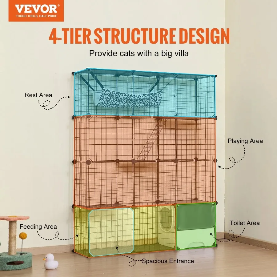 Large 4 Tier Metal Wire Cat Cage 41x14x55 Inch with Hammock Pet Enclosure