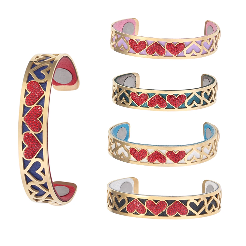 Luxury Woman Jewelry Diamond Heart Bracelet Leather Adjustable Gold Bangles Stainless Steel Open