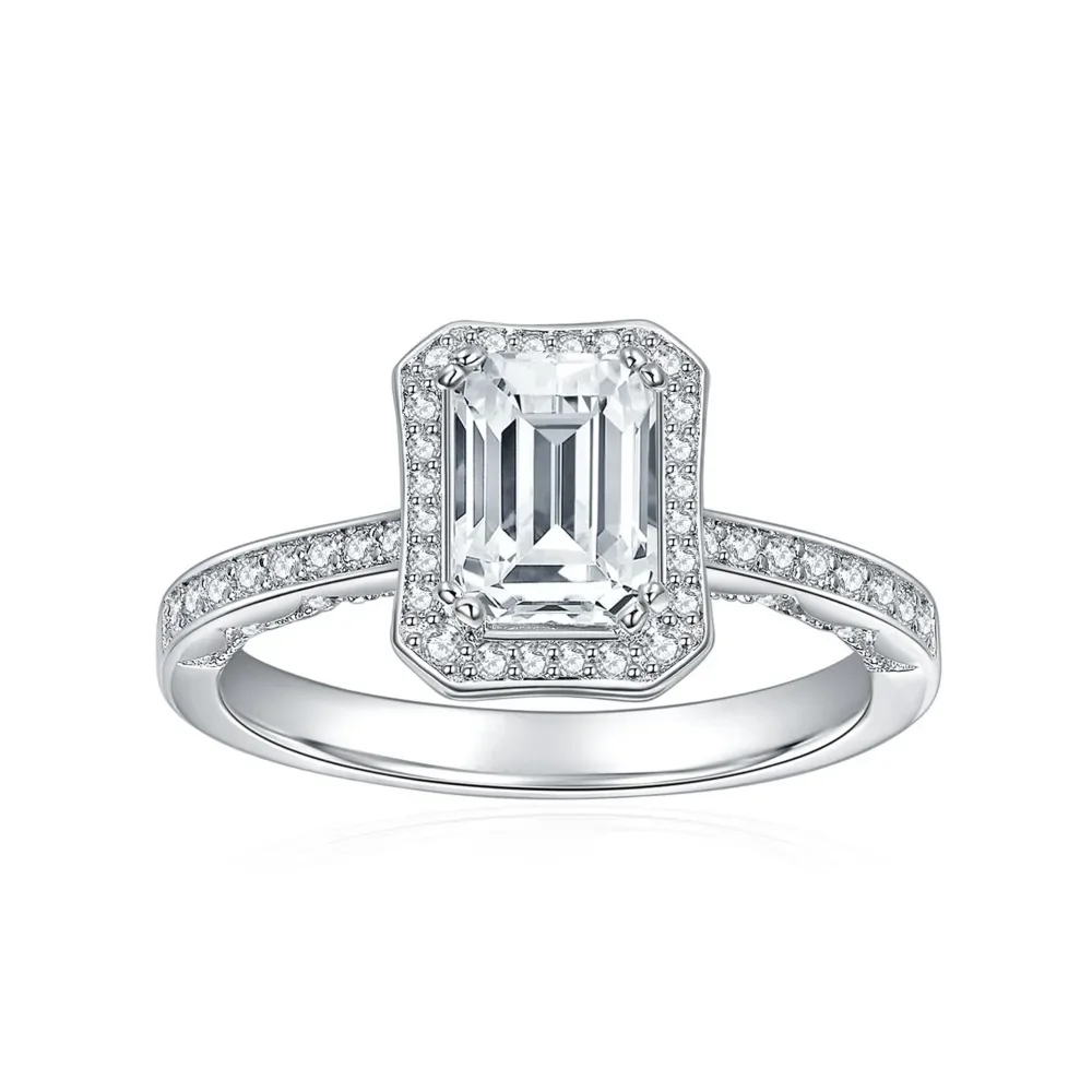 

Moissanite Rings 1ct Emerald Cut Engagement Ring for Women 925 Sterling Silver 18K White Gold Plated D VVS1 Lab Diamond Jewelry