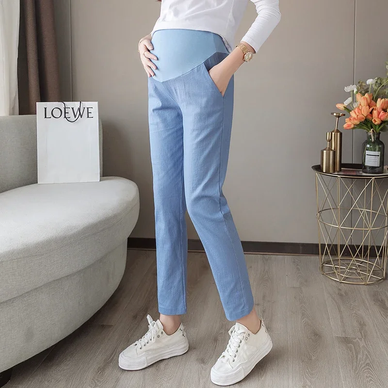spring and summer maternity belly pants long loose casual pregnant woman empired trousers ankle length fashion pregnancy pants 1809# Spring Thin Cotton Linen Maternity Pants Casual Belly Pants Clothes for Pregnant Women 9/10 Length Pregnancy Trousers
