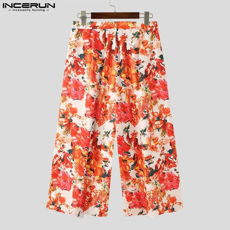 INCERUN-Pantalones largos de estilo americano para hombre, pantalón de cintura alta con estampado Floral, informal, de pierna ancha, S-5XL, 2024