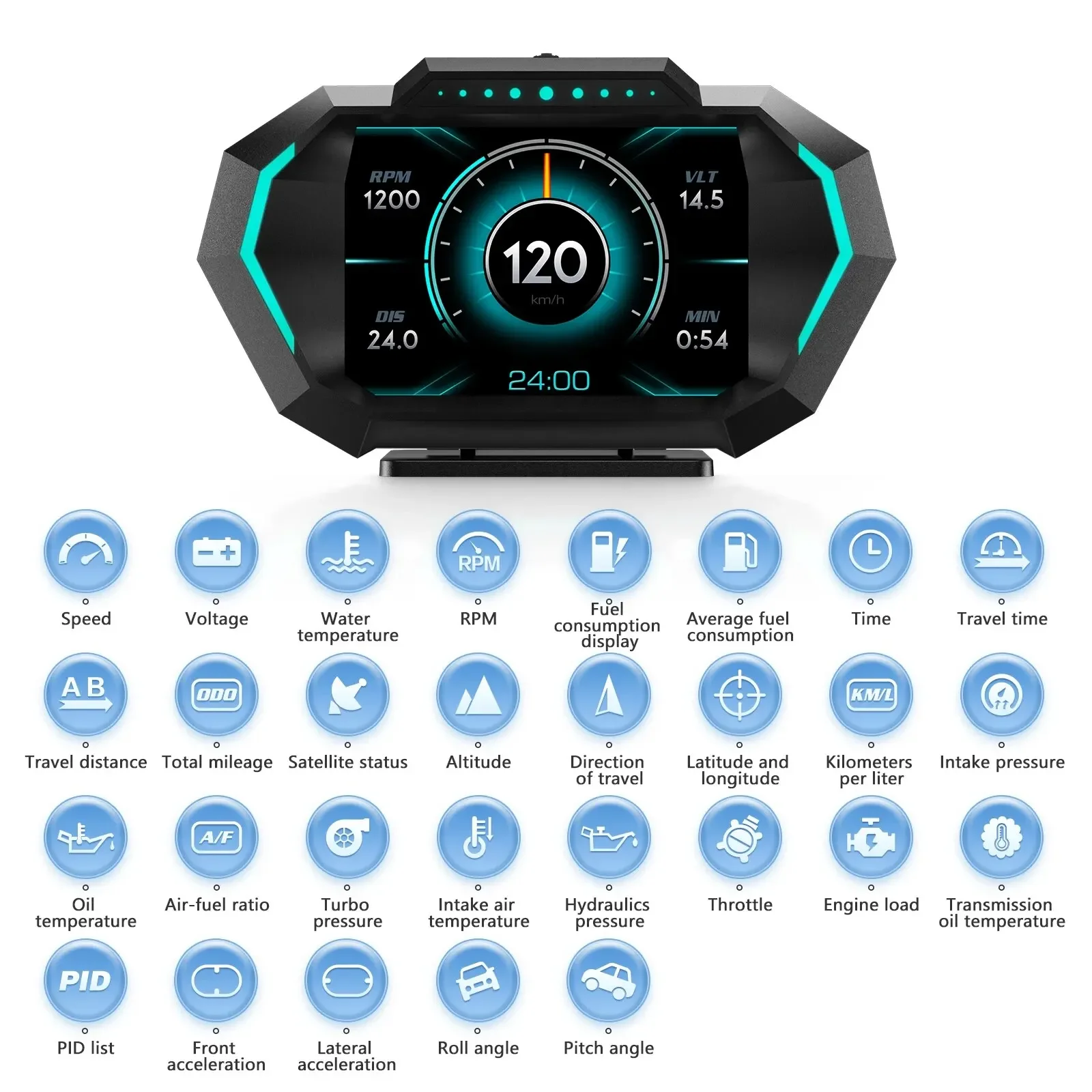 P24 OBD2+GPS HUD 자동차 헤드업 디스플레이 다기능 지능형 자동차 시스템 속도계 디지털 화면 경사계 4x4 오프로드